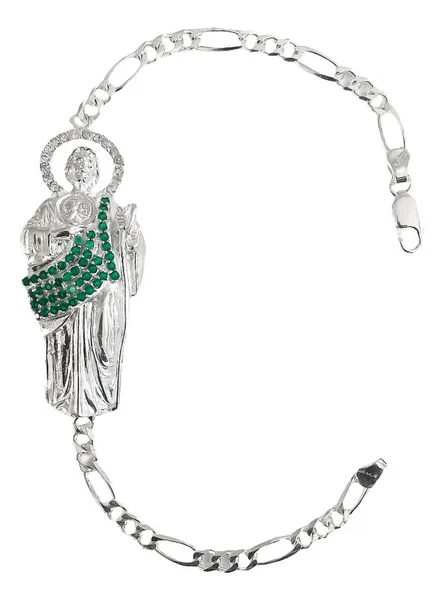 Pulsera de plata .925 verde dije San Judas Tadeo diseno Figaro hombre — Joyaris