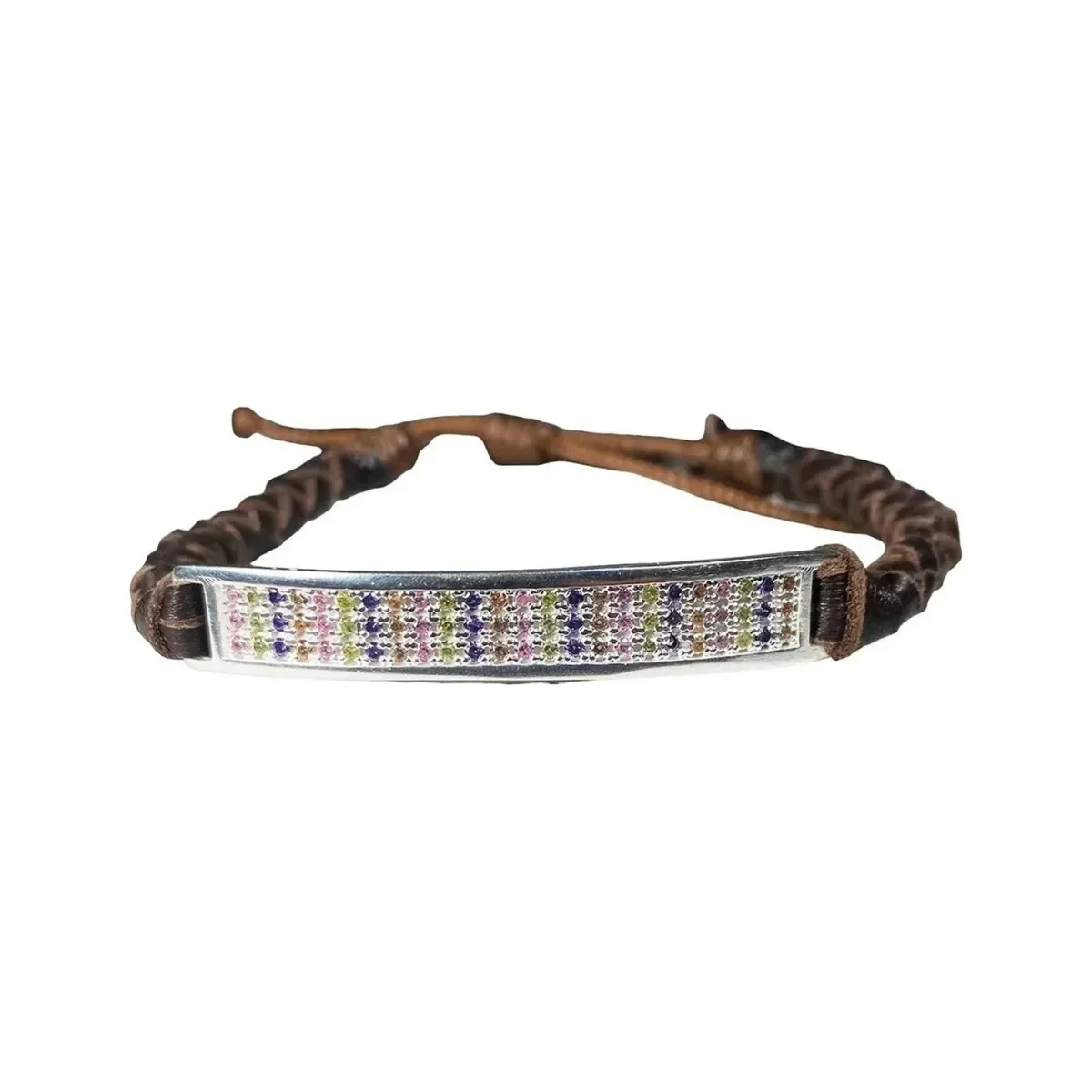 Pulsera Esclava Plata .925, cuero multicolor, zirconias. Diseño rectangular de 53x8mm, broche ajustable, joyería con gemas.