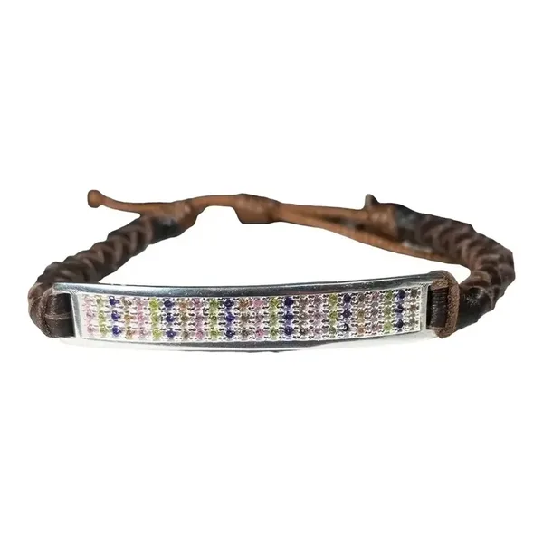 Pulsera Esclava Plata 925 Cuero Multicolor Zirconias Ajustable - Imagen 1