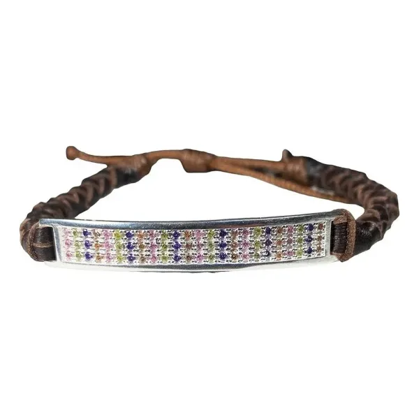 Pulsera Esclava Plata 925 Cuero Multicolor Zirconias Ajustable - Imagen 1
