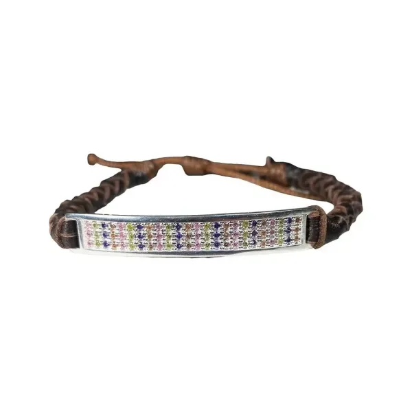 Pulsera Esclava Plata 925 Cuero Multicolor Zirconias Ajustable - Imagen 1