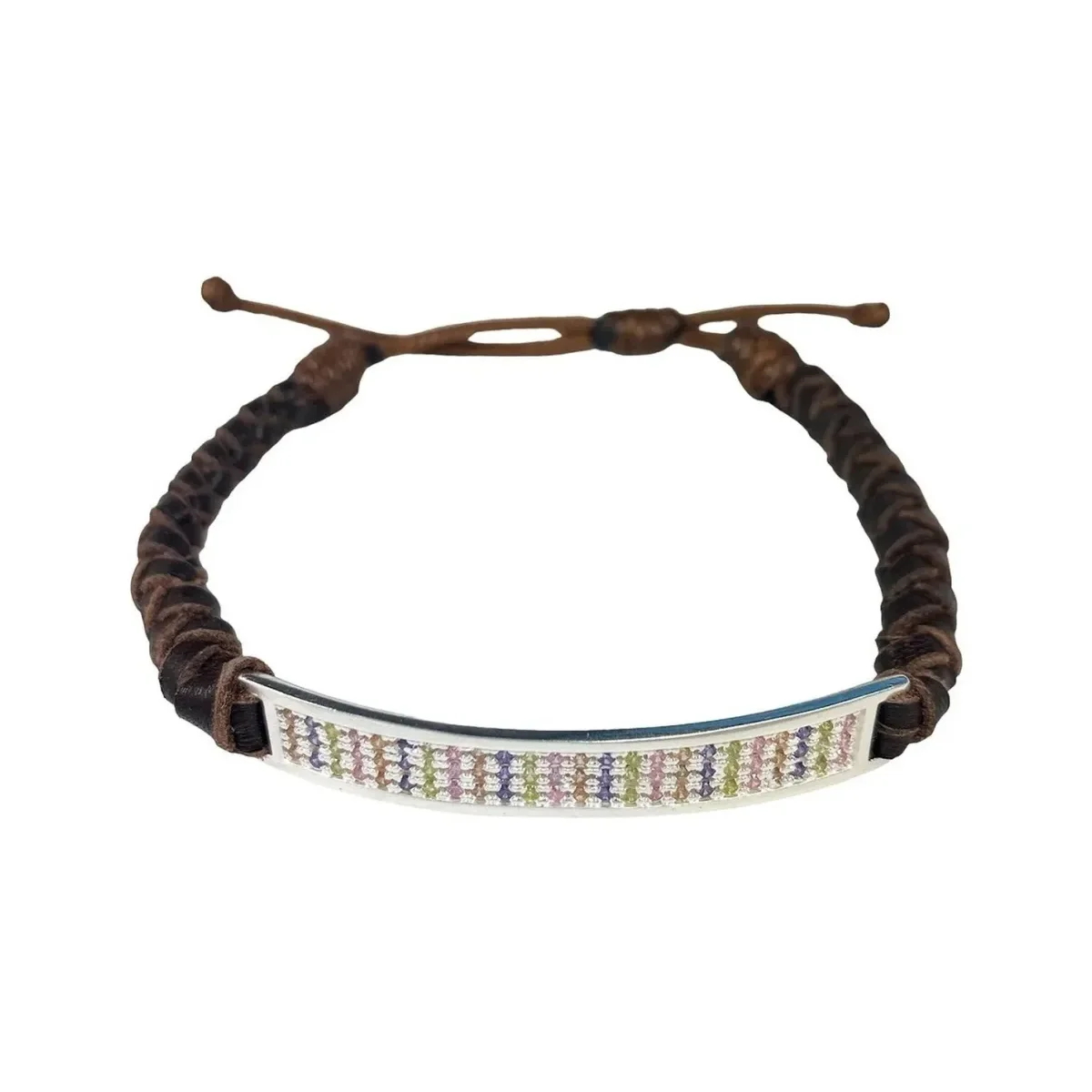 Pulsera Esclava Plata 925 Cuero Multicolor Zirconias Ajustable - Imagen 2