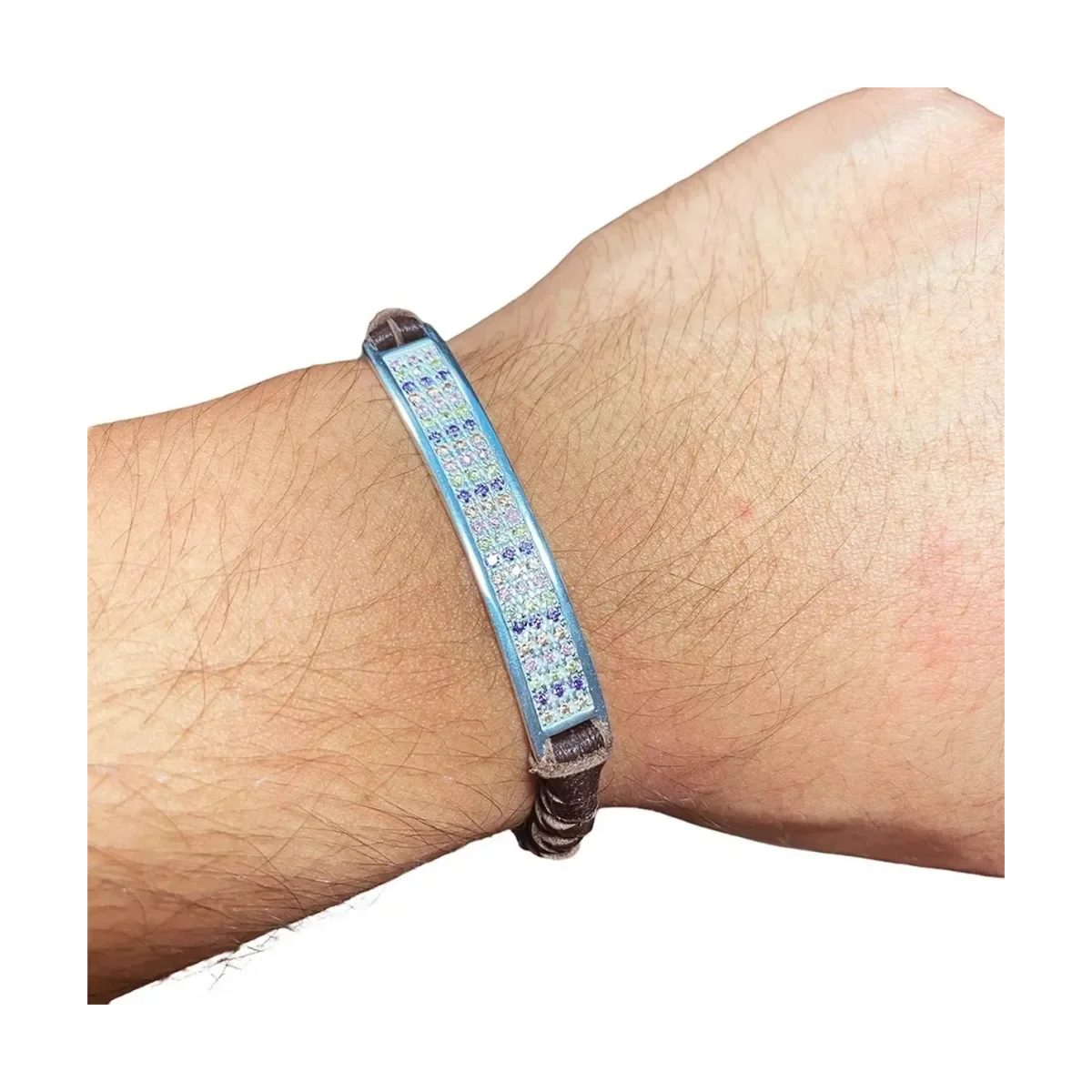 Pulsera Esclava Plata 925 Cuero Multicolor Zirconias Ajustable - Imagen 4