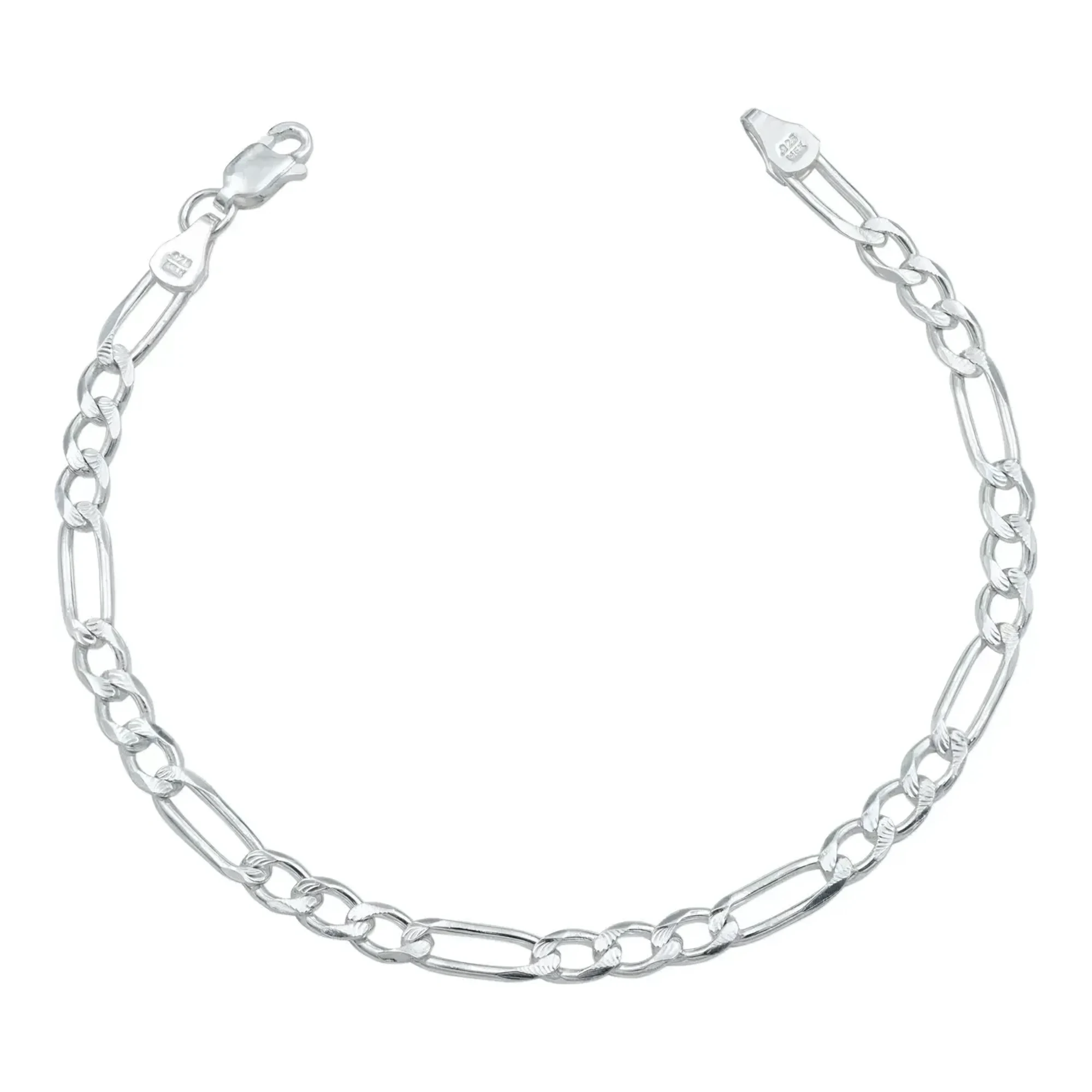 Esclava de plata 925 hombre diseño pulso figaro 3x1 diamantado eslabones planos 4mm broche perico joyeria mexicana brillante