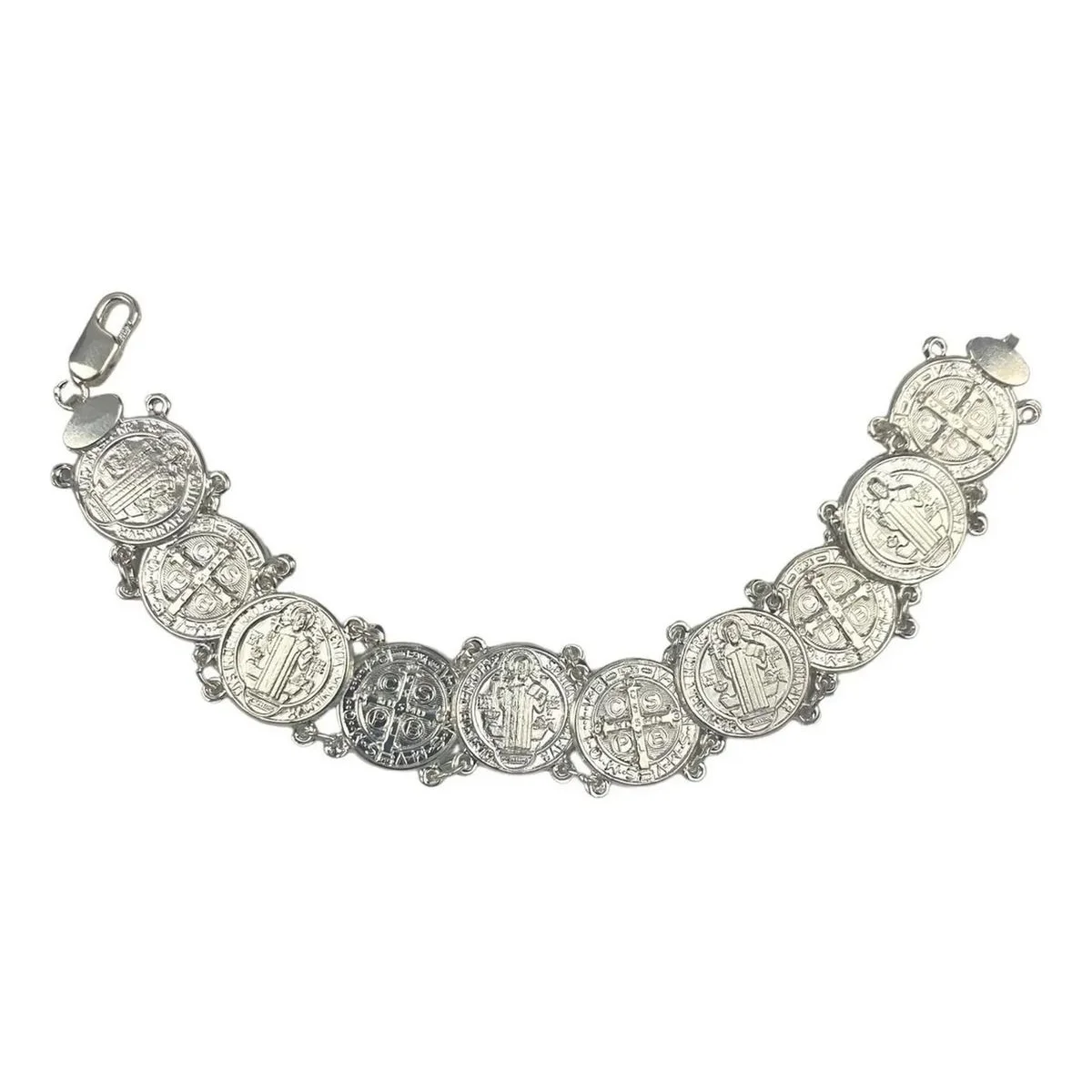 Pulsera esclava de plata 925 certificada, brazalete unisex con medallas San Benito. Amuleto de protección plata mexicana, joy