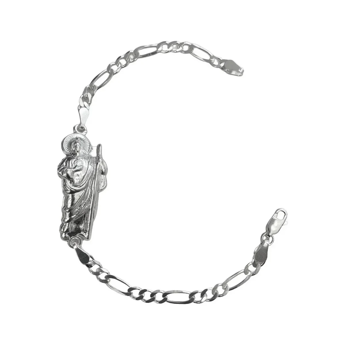 Pulsera Esclava Plata .999 para hombre, con dije San Judas Tadeo y cadena Figaro. Joyería religiosa mexicana de plata fina, a