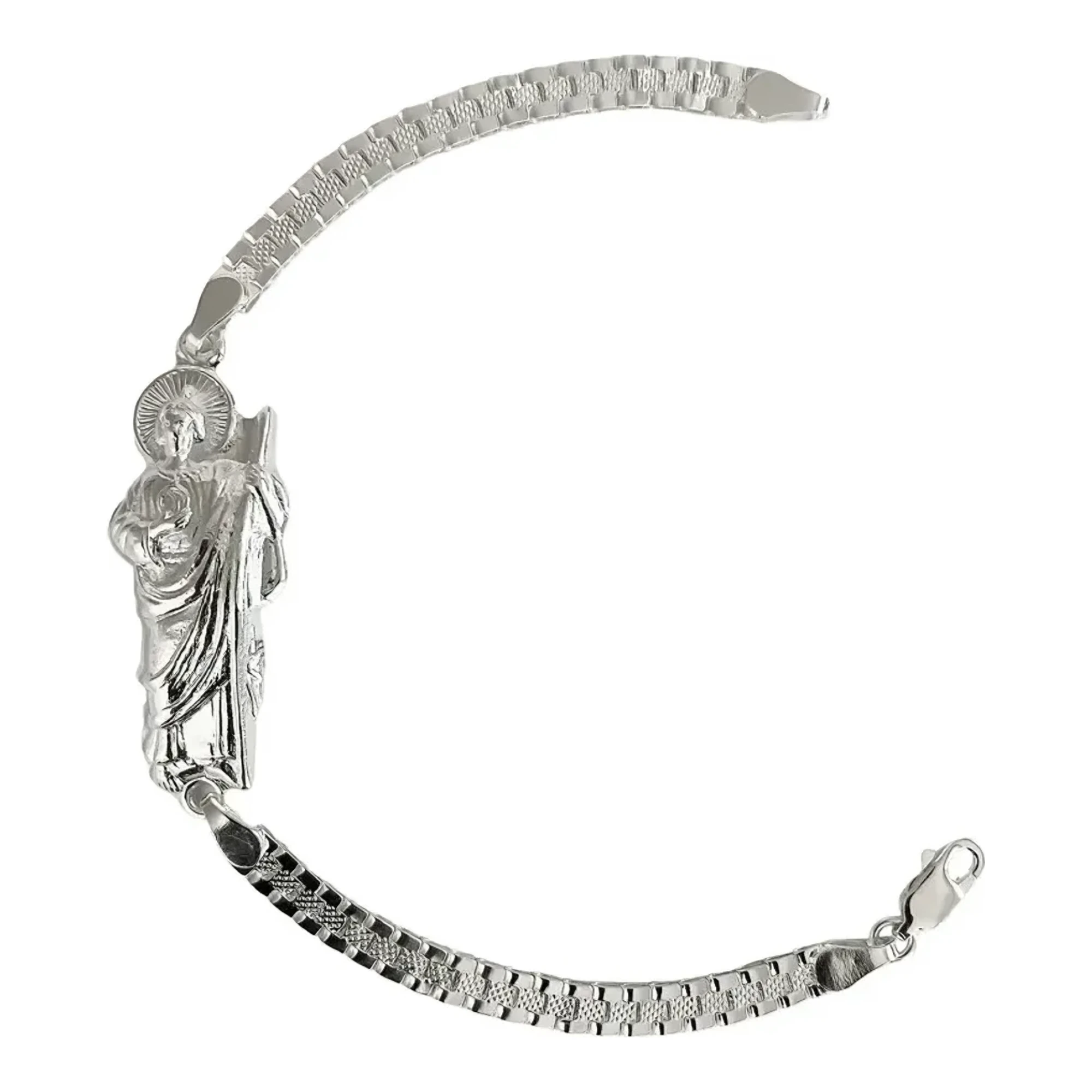 Pulsera esclava tipo Rolex de plata .925 nacional para hombre, con eslabones y placa sólida de San Judas. Joyería religiosa m