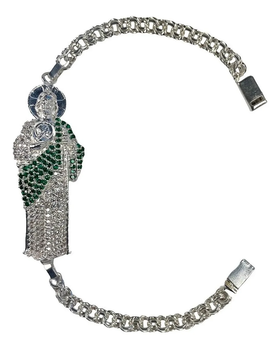 Pulsera de plata .925 verde San Judas Tadeo esclava broche perico — Joyaris