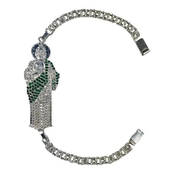 Pulsera de plata .925 verde San Judas Tadeo esclava broche perico — Joyaris