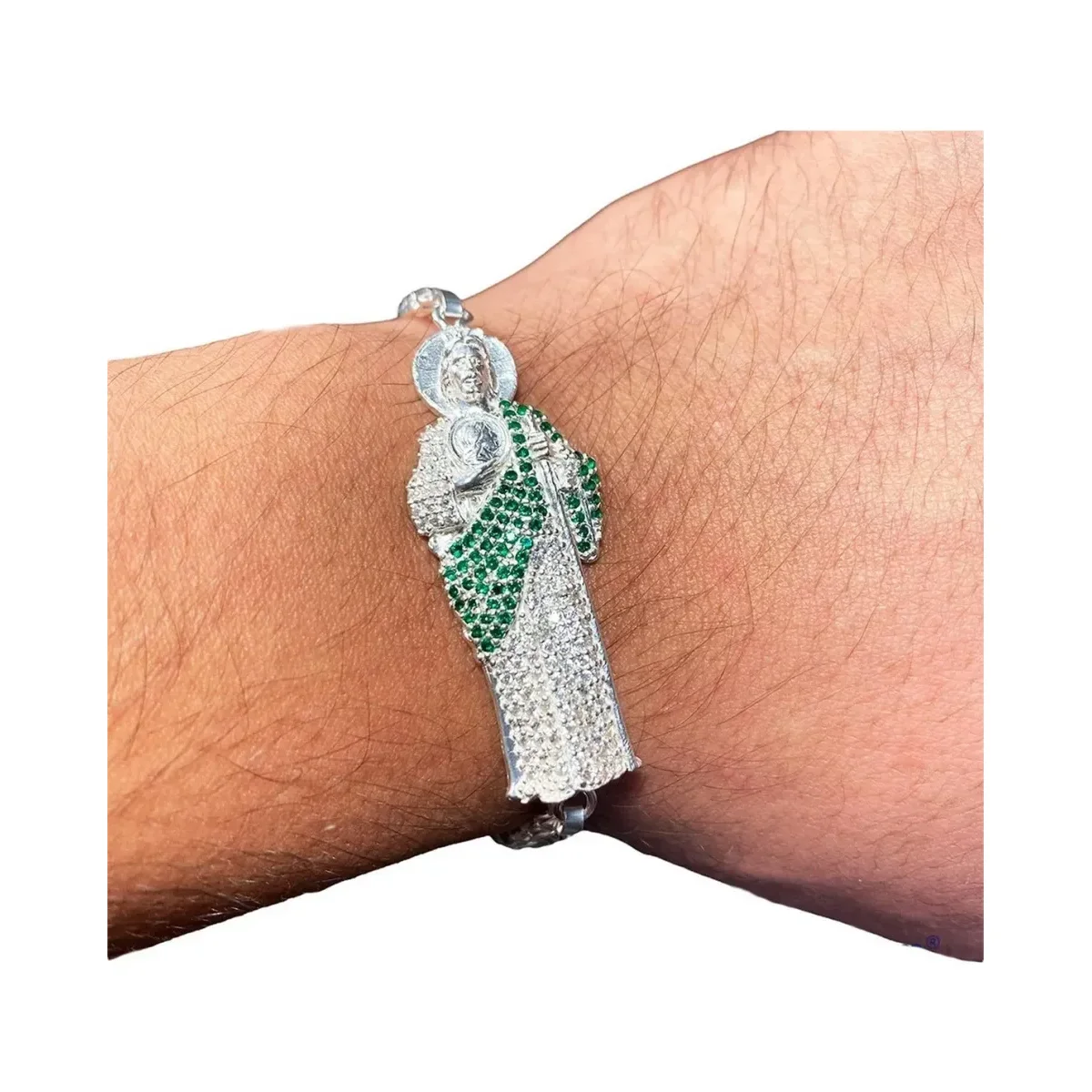 Pulsera Esclava San Judas Tadeo con Chino Verde Plata .925 2 - Imagen 4