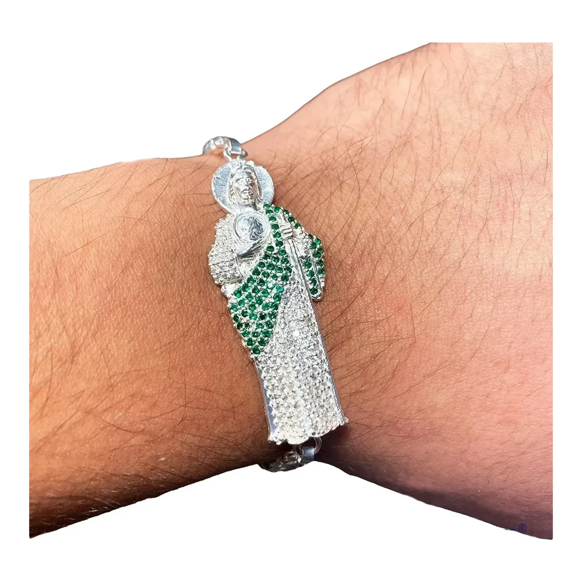 Pulsera Esclava San Judas Tadeo con Chino Verde Plata .925 2 - Imagen 4