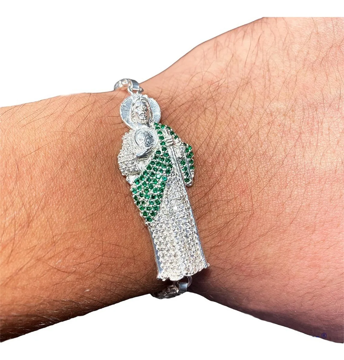 Pulsera Esclava San Judas Tadeo con Chino Verde Plata .925 2 - Imagen 4