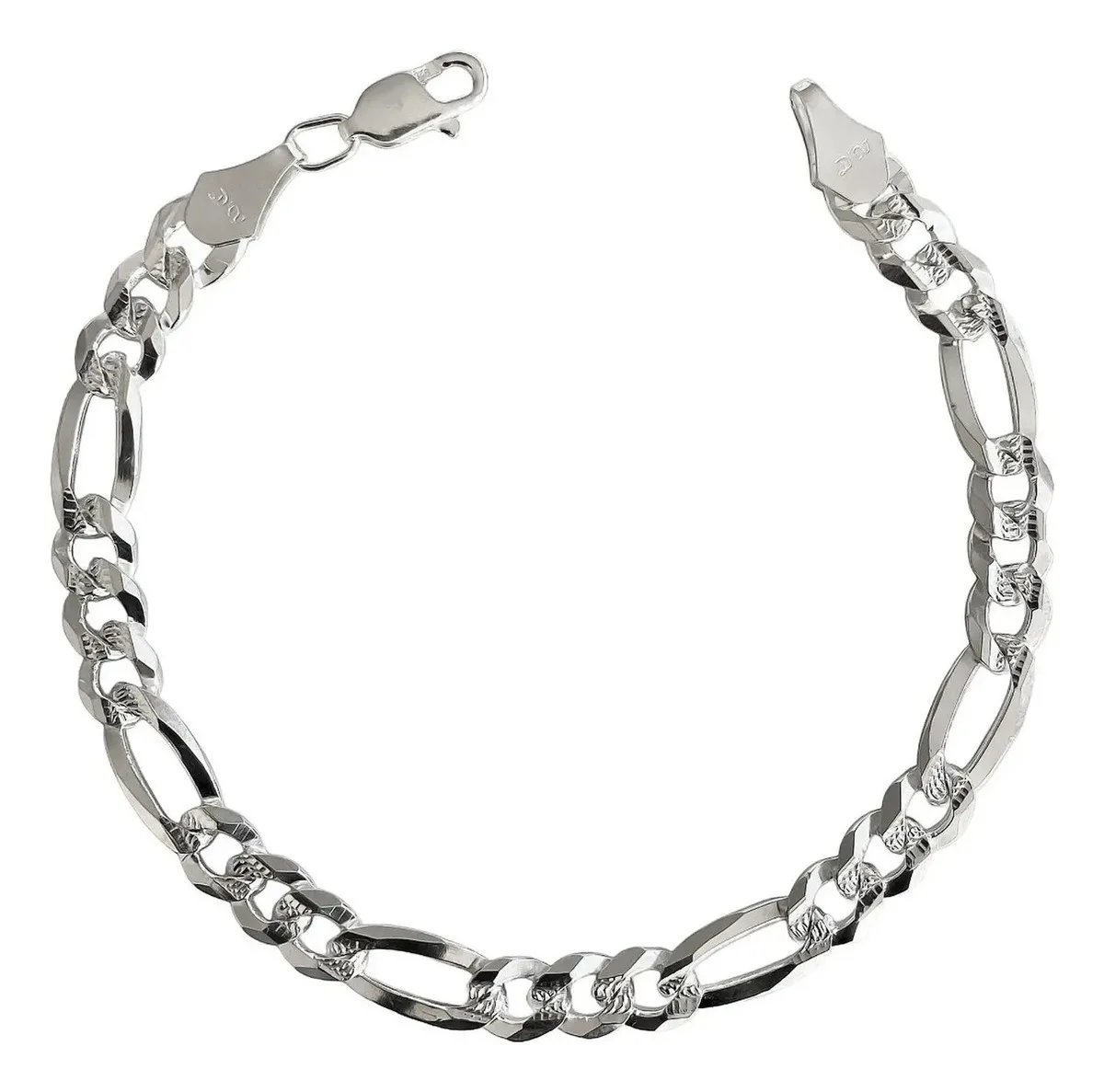 Pulsera plata hombre gruesa .925 Figaro diamantada 22cm. Joyería brillante con eslabones robustos y broche Perico, estilo cub