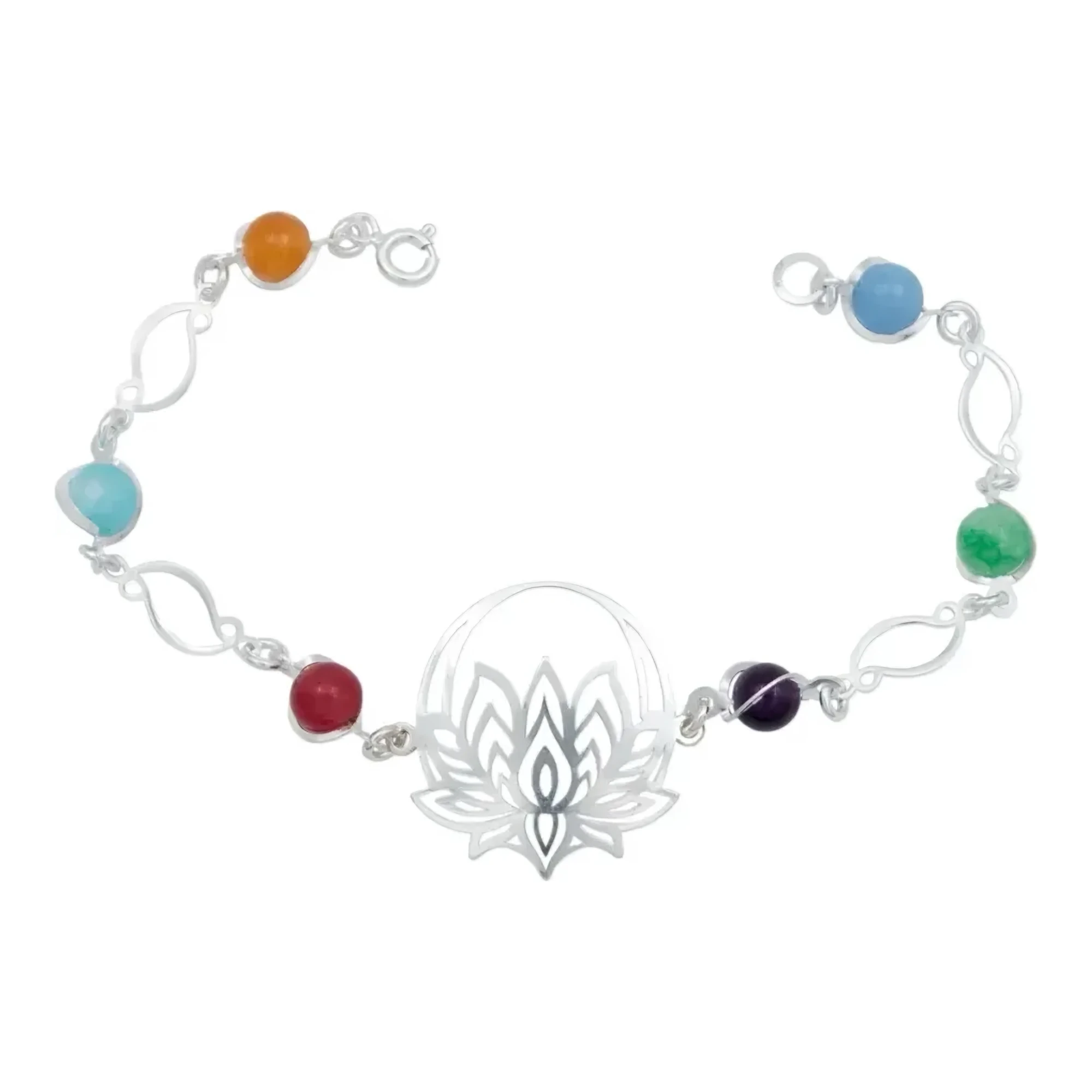 Pulsera de plata .925 nacional con dije de flor de loto y cuentas de cuarzo multicolor estilo chakras acabado liso mujer