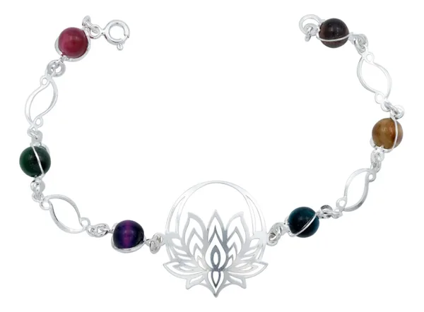 Pulsera Plata 925 Flor de Loto Cuarzo Natural Multicolor - Imagen 1