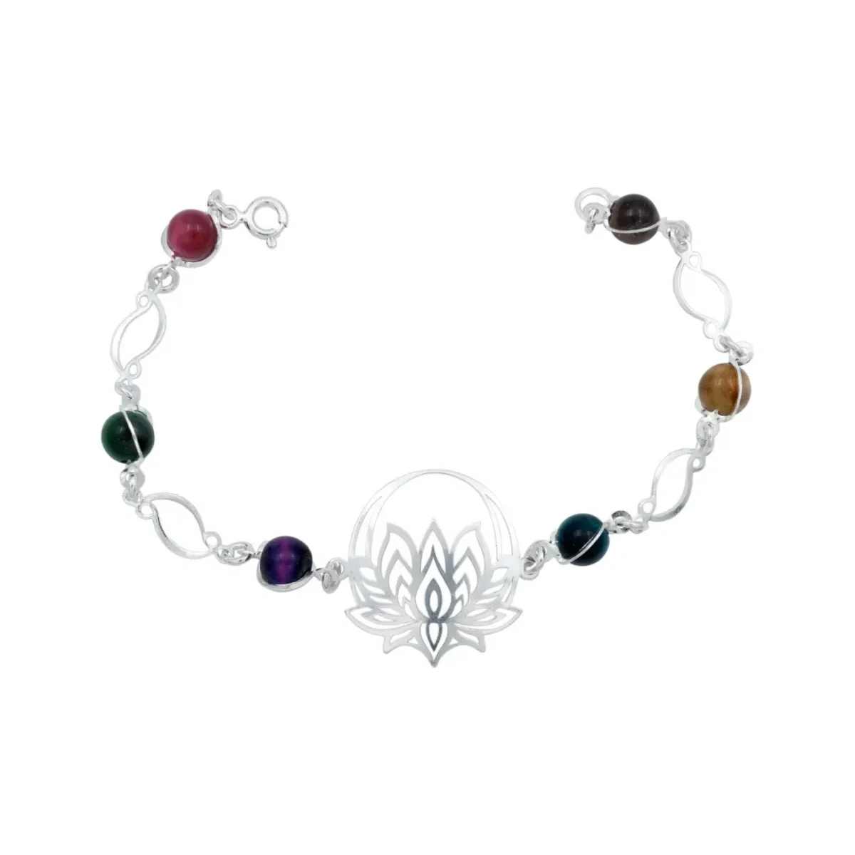 Pulsera de Plata .925 con dije de flor de loto y cuarzo natural multicolor. Joyería artesanal mexicana con gemas energéticas.