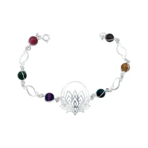 Pulsera Plata 925 Flor de Loto Cuarzo Natural Multicolor - Imagen 1