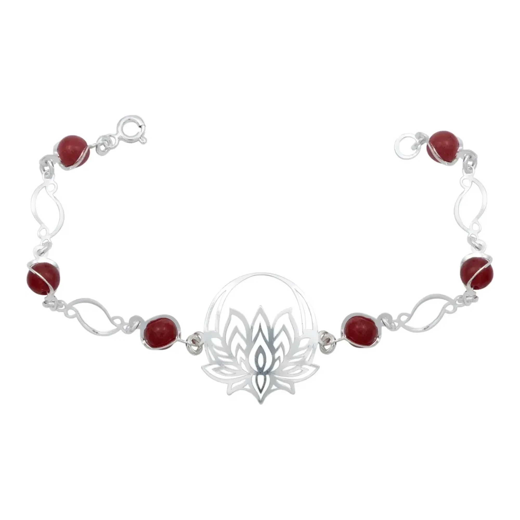 Pulsera de plata .925 acabado liso con dije de flor de loto y piedra cuarzo rojo natural colgante joyería mexicana mujer