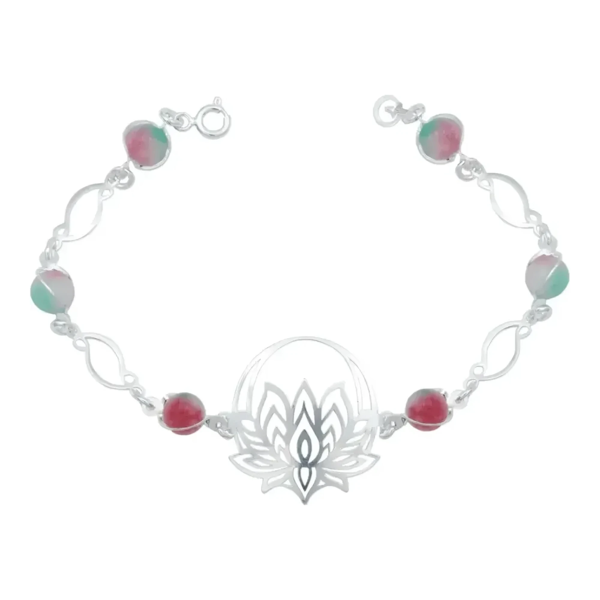 Pulsera de plata .925 con dije de flor de loto y cuentas de cuarzo tricolor artesanal con broche de reasa acabado liso