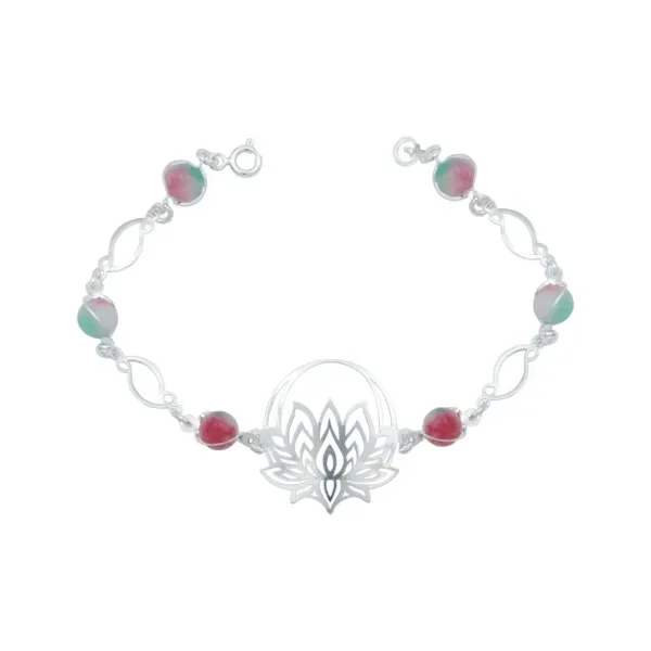Pulsera de plata .925 tricolor piedra cuarzo diseno flor de loto — Joyaris