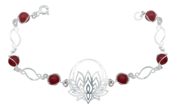 Pulsera de plata .925 rojo cuarzo flor de loto — Joyaris