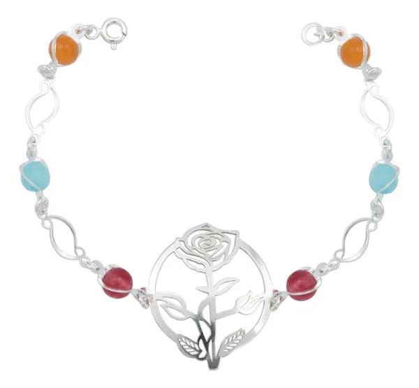 Pulsera Plata 925 Cuarzo Multicolor Diseño Floral 18.5cm - Imagen 1