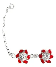 Pulsera Plata 925 Flores Zirconias Rojas Elegante Mujer - Imagen 3