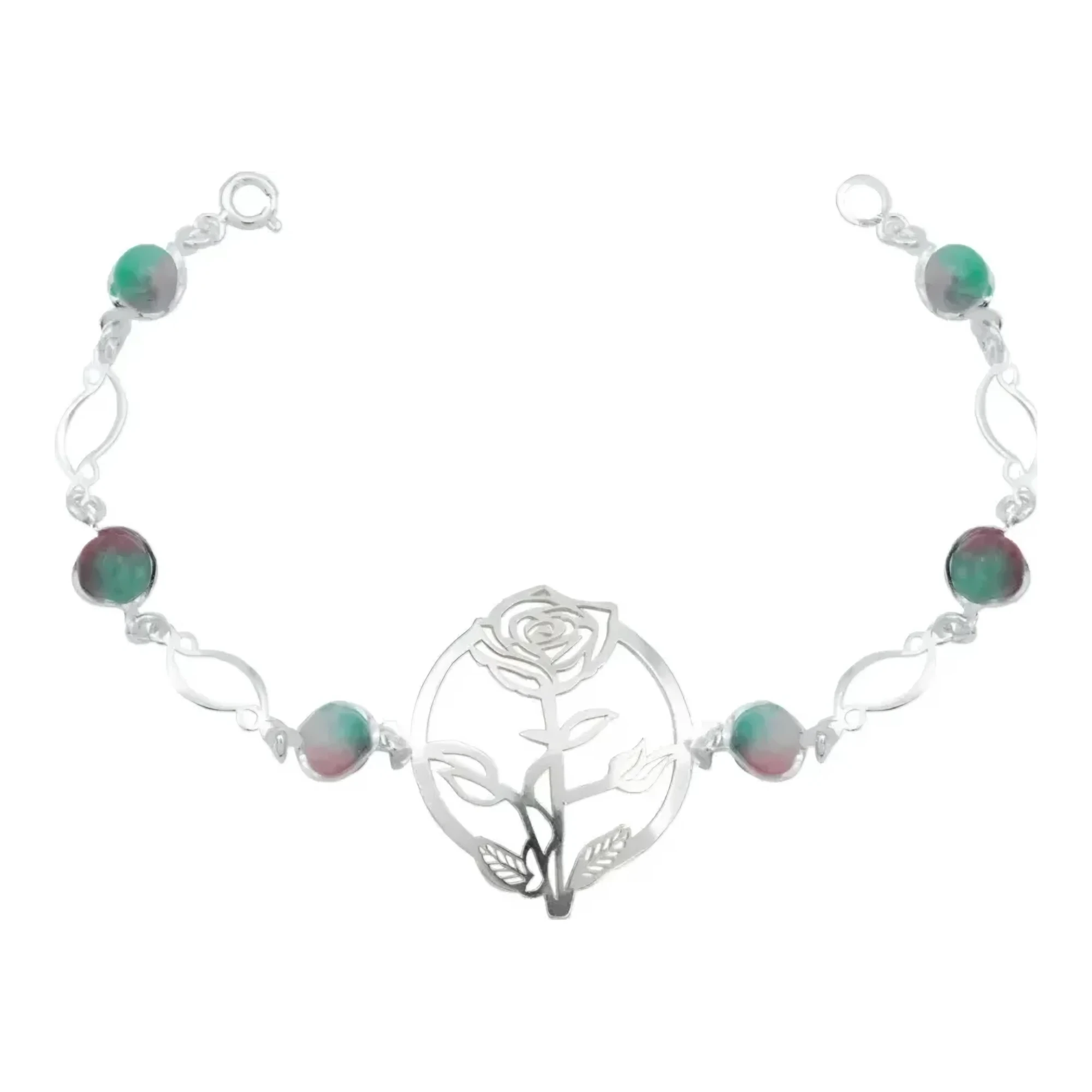 Pulsera de plata .925 con piedra natural cuarzo rosa suave y flores tricolor dije colgante joyería fina mexicana mujer