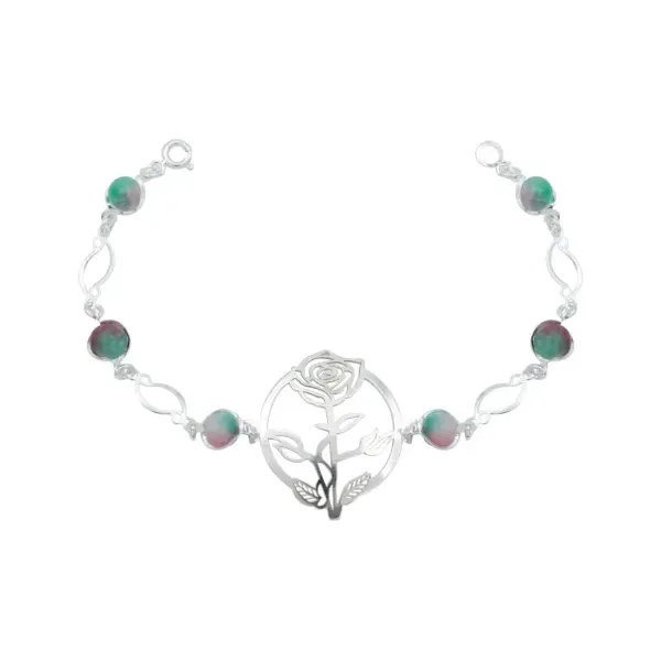 Pulsera Plata 925 Flores Cuarzo Rosa Fino Tricolor - Imagen 1