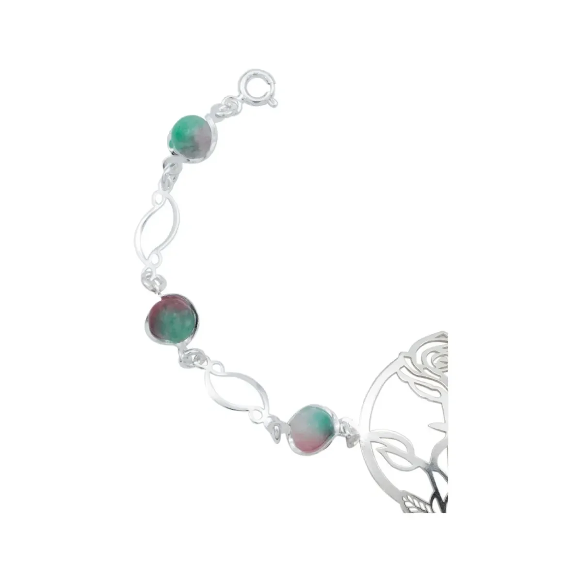 Pulsera Plata 925 Flores Cuarzo Rosa Fino Tricolor - Imagen 2