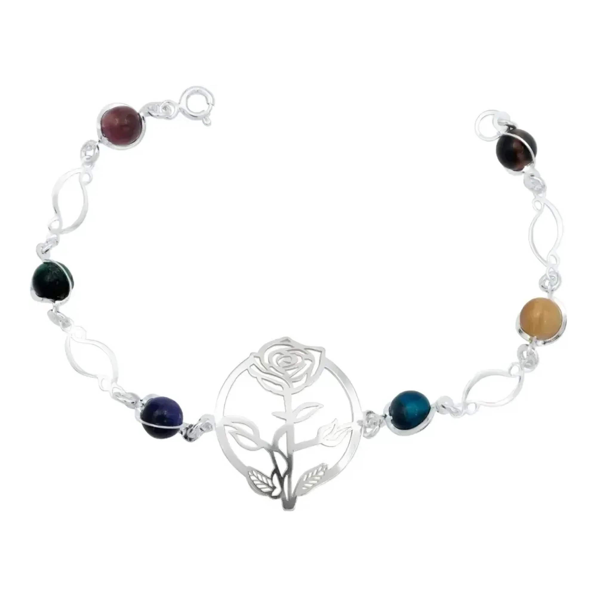 Pulsera plata ley 925 con dije de flor y piedra cuarzo rosa natural rosado, broche de reasa y acabado liso brillante clásico