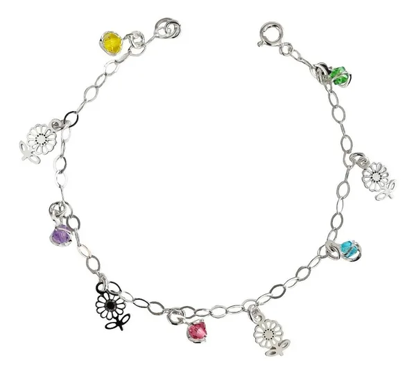 Pulsera Plata .925 Flores Multicolor Ajustable - Imagen 1