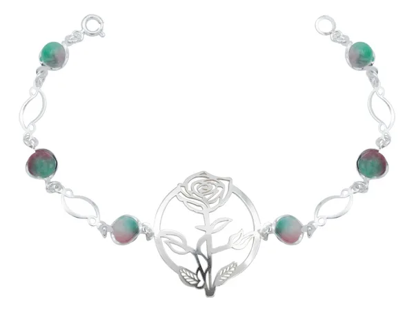 Pulsera Plata 925 Flores Cuarzo Rosa Fino Tricolor - Imagen 1