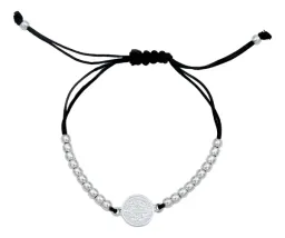 Pulsera Hilo Plata 925 Medalla San Benito Ajustable Bola Lisa - Imagen 1