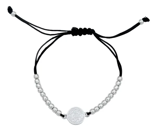 Pulsera Hilo Plata 925 Medalla San Benito Ajustable Bola Lisa - Imagen 1