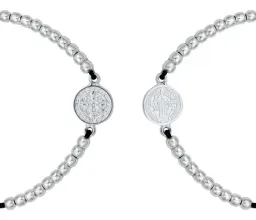 Pulsera Hilo Plata 925 Medalla San Benito Ajustable Bola Lisa - Imagen 2