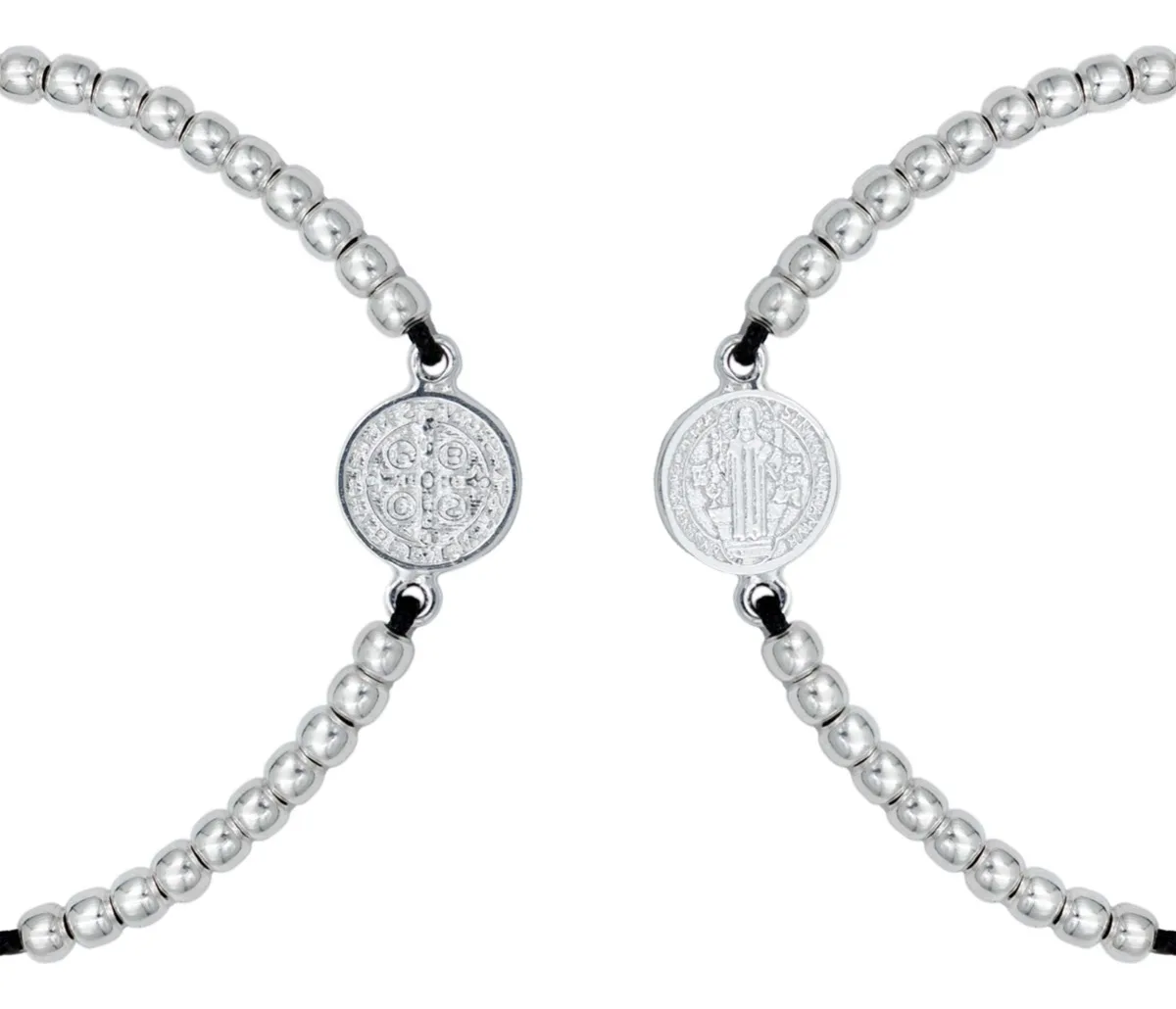 Pulsera Hilo Plata 925 Medalla San Benito Ajustable Bola Lisa - Imagen 1