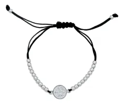 Pulsera Hilo Plata 925 Medalla San Benito Ajustable Bola Lisa - Imagen 3