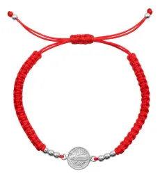 Pulsera Hilo Rojo Medalla San Benito Plata Ley .925 Ajustable - Imagen 1