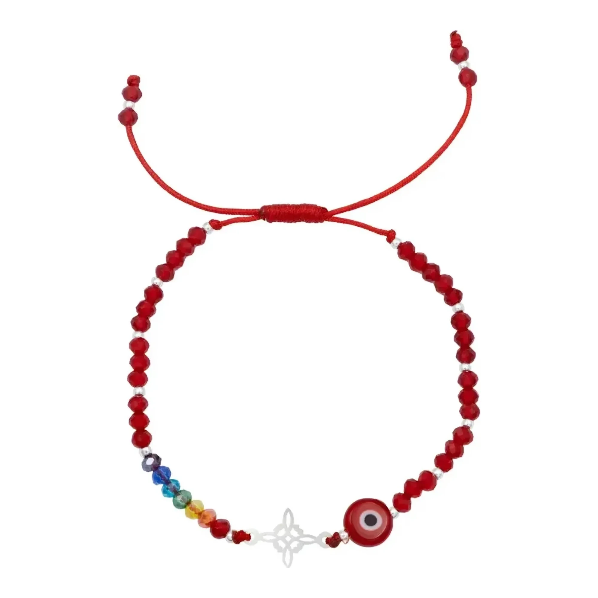 Pulsera roja proteccion mal de ojo con dije nudo de bruja y ojo turco en plata .925 nacional legitima sobre cordon ajustable