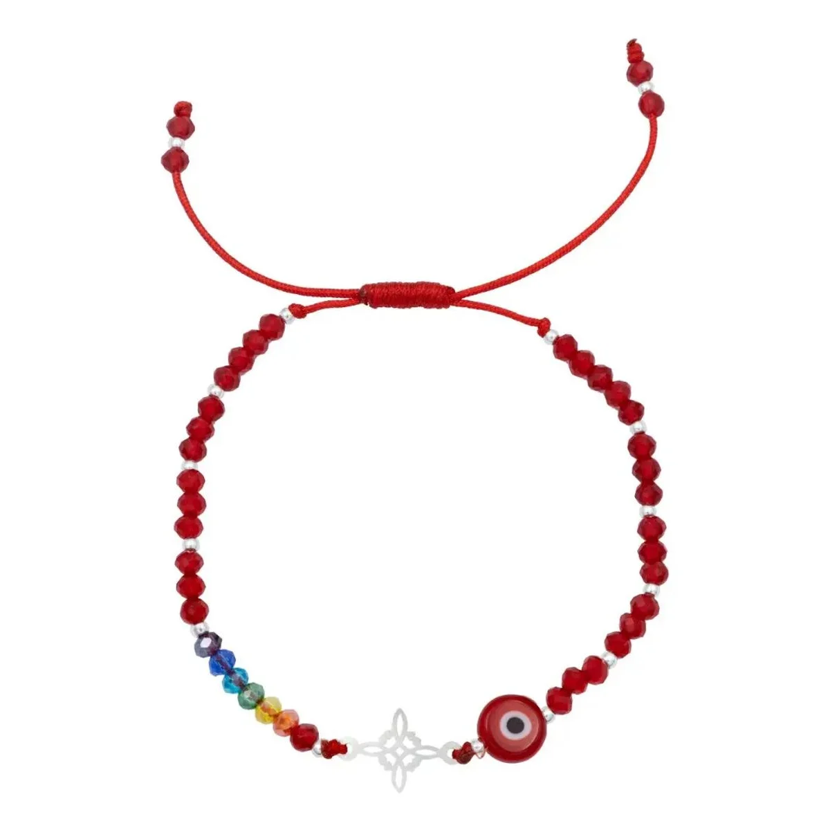 Pulsera Hilo Rojo Plata .925, Nudo Bruja, Ojo Turco y 7 Chakras. Diseño unisex ajustable con dijes de Plata .925 nacional. Jo