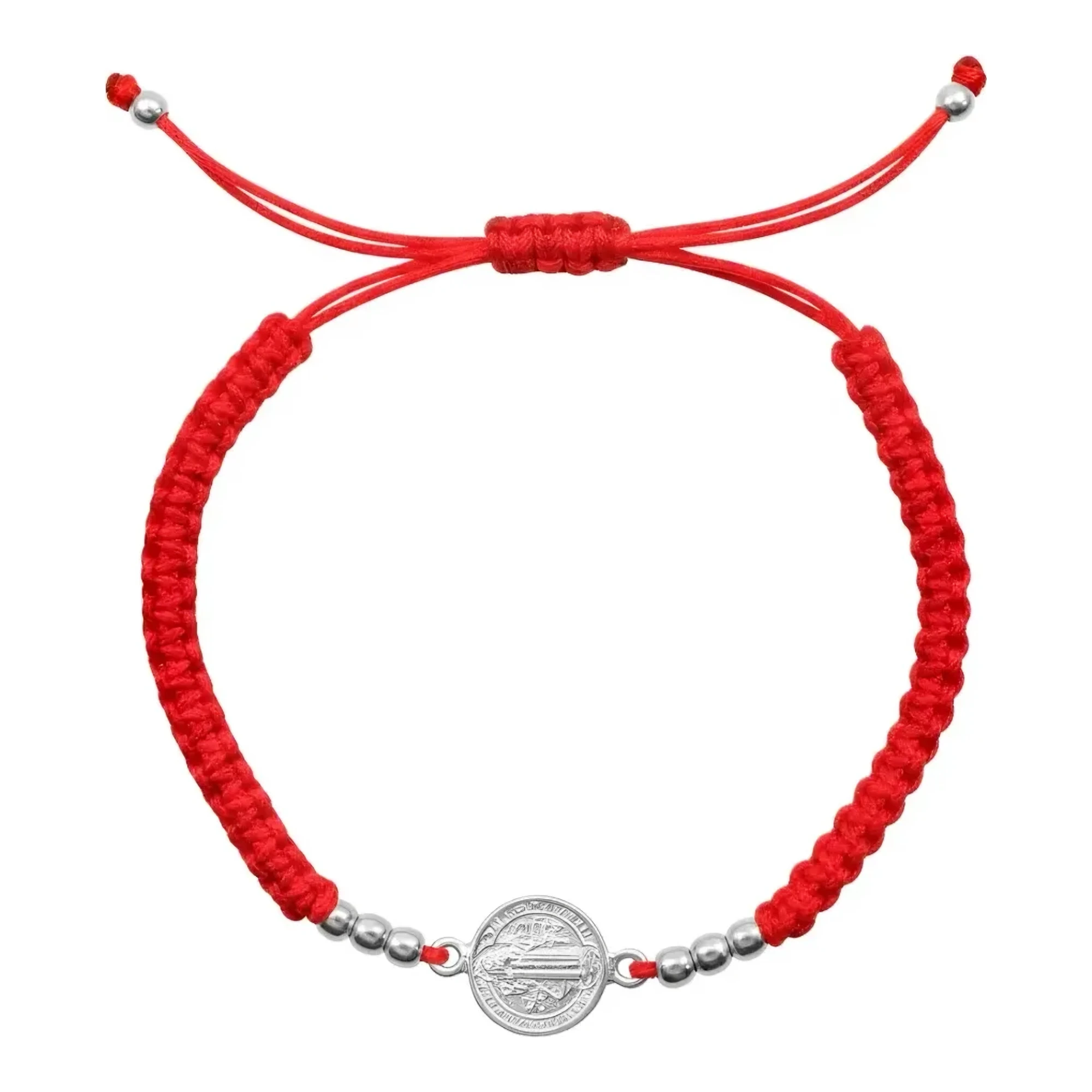Pulsera amuleto de hilo rojo tejida con dije de medalla San Benito en auténtica Plata .925 Nacional y broche corredizo liso