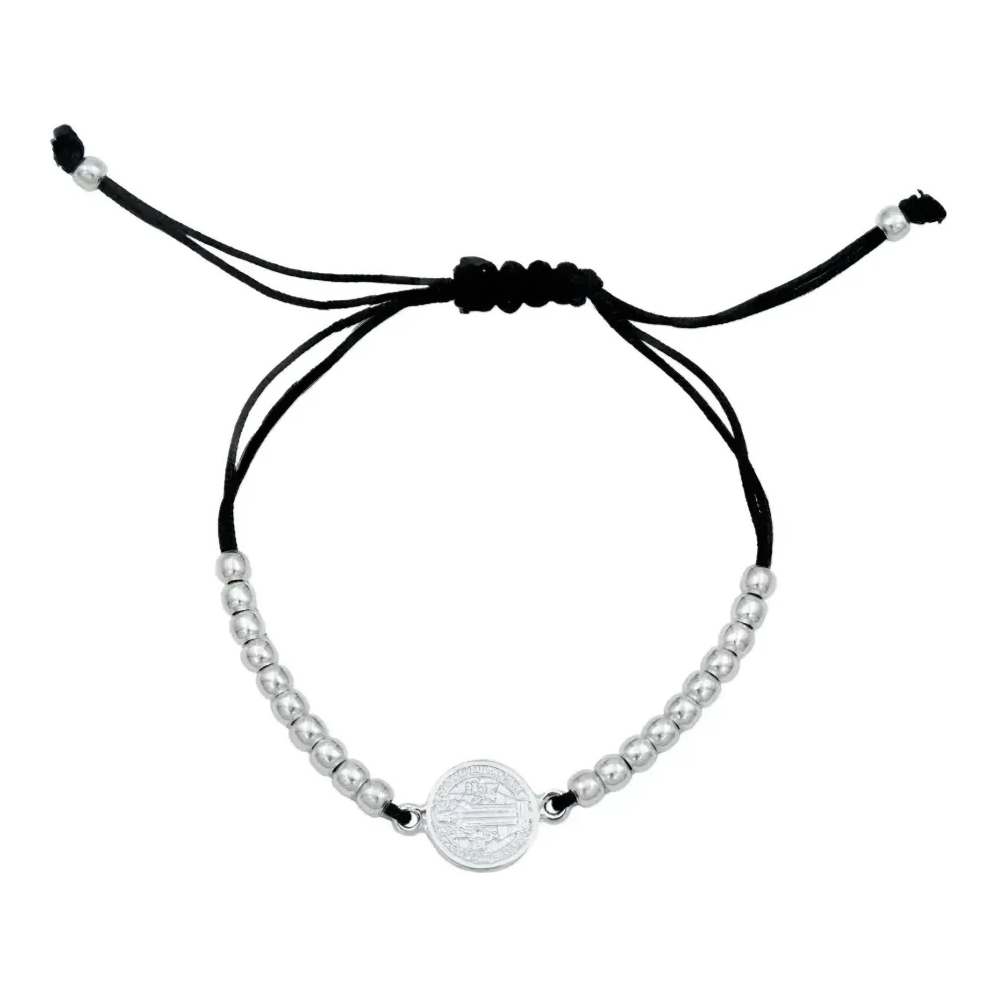 Pulsera San Benito plata 925 ajustable de hilo con dije medalla redonda de diez milimetros y bola lisa en acabado liso