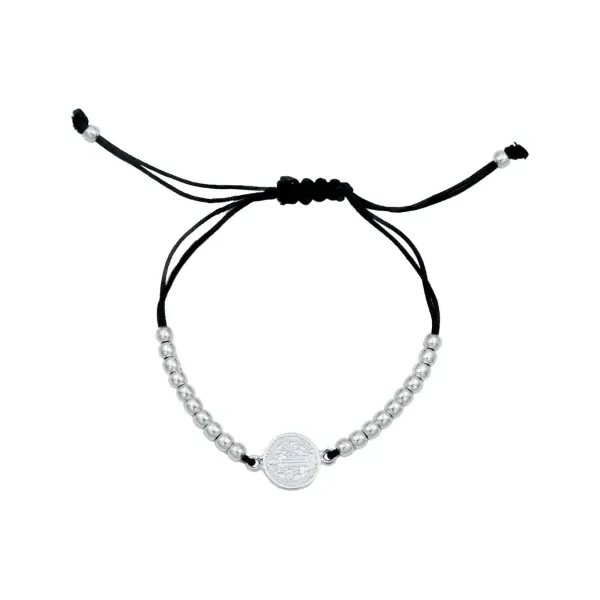 Pulsera Hilo Plata 925 Medalla San Benito Ajustable Bola Lisa - Imagen 1