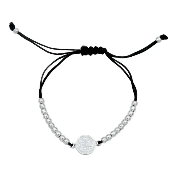 Pulsera Hilo Plata 925 Medalla San Benito Ajustable Bola Lisa - Imagen 1