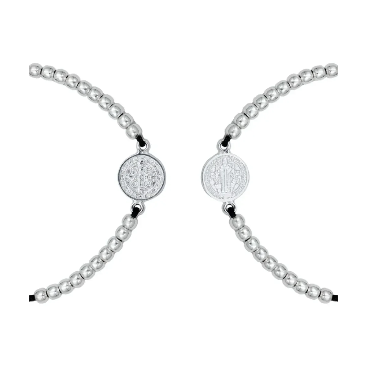 Pulsera Hilo Plata 925 Medalla San Benito Ajustable Bola Lisa - Imagen 2