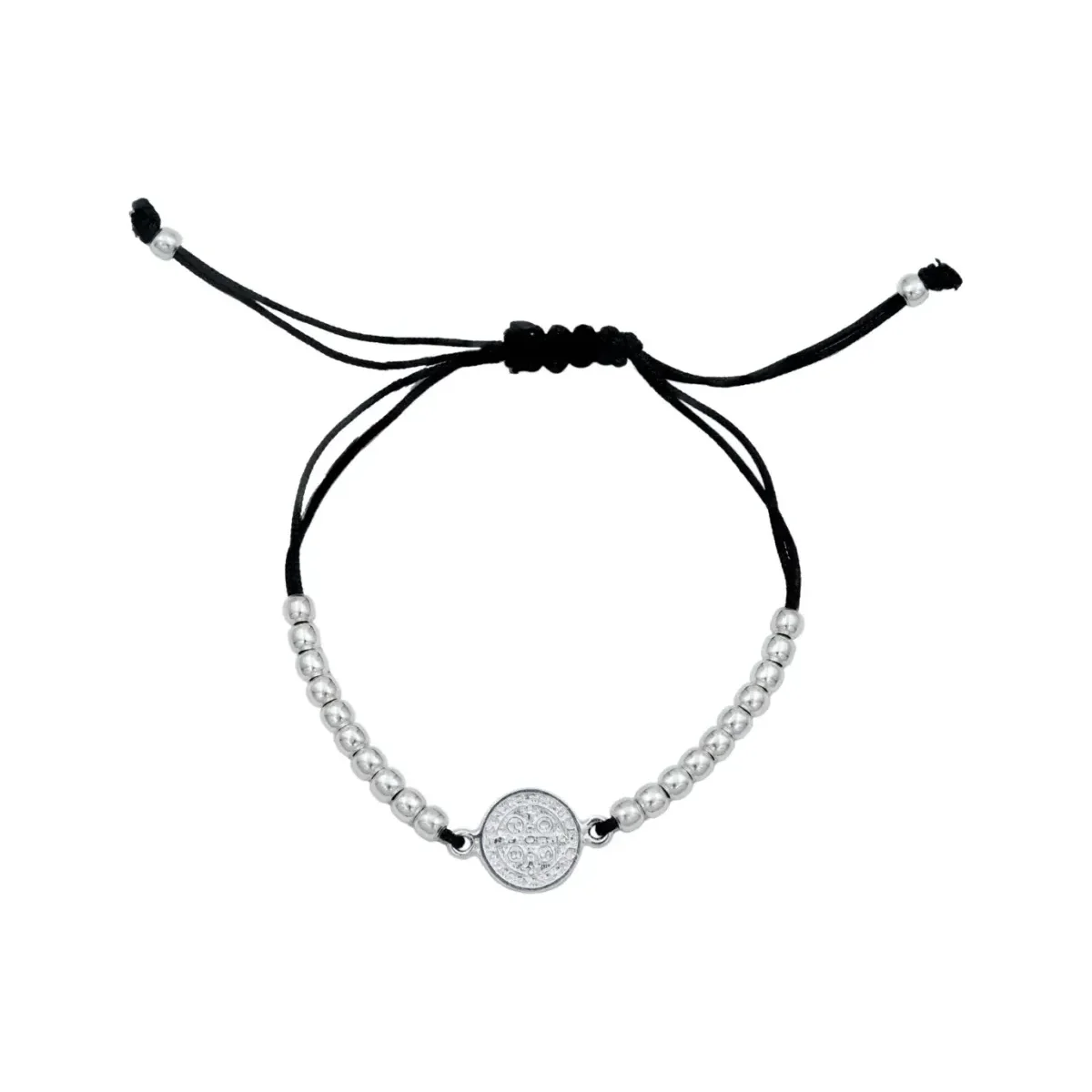 Pulsera Hilo Plata 925 Medalla San Benito Ajustable Bola Lisa - Imagen 3
