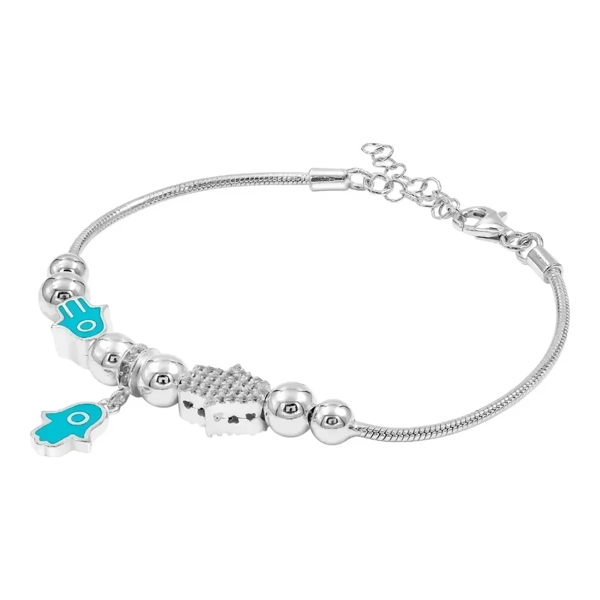 Pulsera hamsa de Plata .925 con dije de mano de Fátima víbora y turquesa acabado liso con broche de perico para mujer