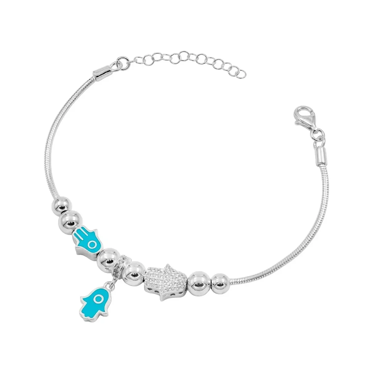 Pulsera Plata 925 Mano de Fátima Víbora Detalle Turquesa Ajustable - Imagen 2
