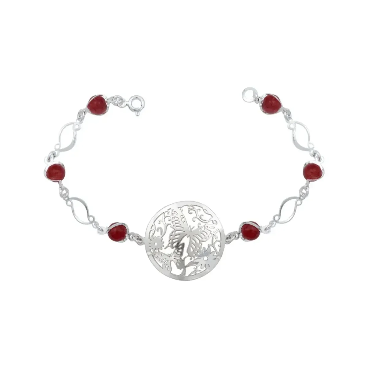 Pulsera Plata .925 Mariposa Flores Cuarzo Rojo, joyería energética artesanal mexicana. Brazalete de plata para mujer con cuar